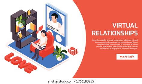 Finding true love online virtual relationship perfect match dating site isometric horizontal website banner vector illustration 