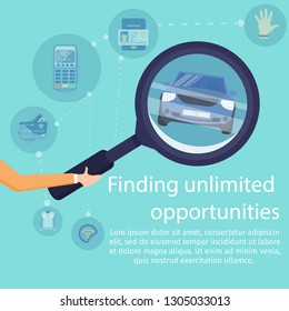 Finding Unlimited Opportunities with NFC Technology Flat Vector Square Advertising Banner. Car Secure Access Promo Poster Template. Human Hand Holding Magnifying Glass, Magnifying Vehicle Illustration