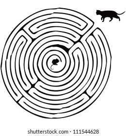 Finding a way, a cat with a mouse in a maze. Vector illustration.