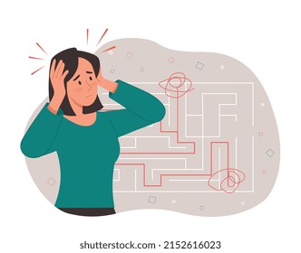 Finding way in labyrinth. Metaphor of puzzle, difficulty at work and mental deadend. Character looking for solution, insight and idea. Creativity and logical thinking. Cartoon flat vector illustration