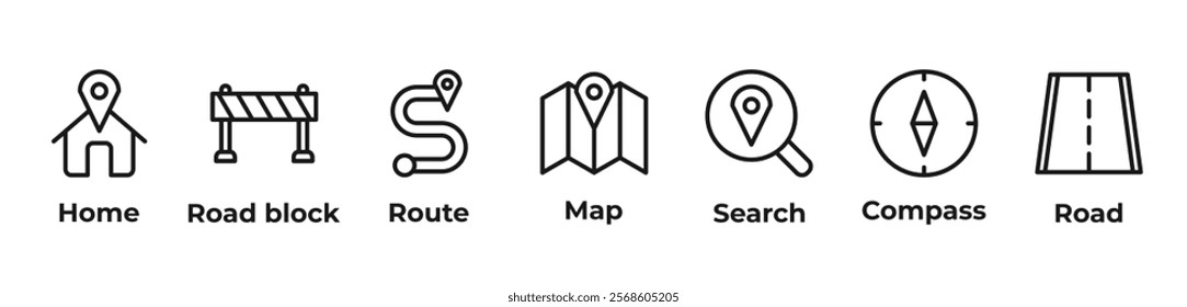 Finding the WayIcons set vector illustration outline with home, road block, route, map, search, compass, road