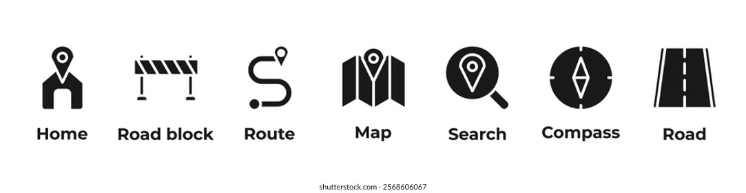 Finding the WayIcons set vector illustration Glyph with home, road block, route, map, search, compass, road