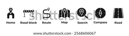 Finding the WayIcons set vector illustration Glyph with home, road block, route, map, search, compass, road