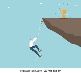 Finding ways and methods to overcome difficulties, creative strategies to achieve goals, thought process and logic to quickly complete a project or task, man climbs tightrope to top with winning cup.