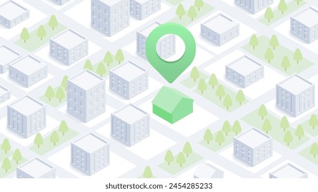 Finding your home, search for real estate, property for sale. Isometric vector illustration