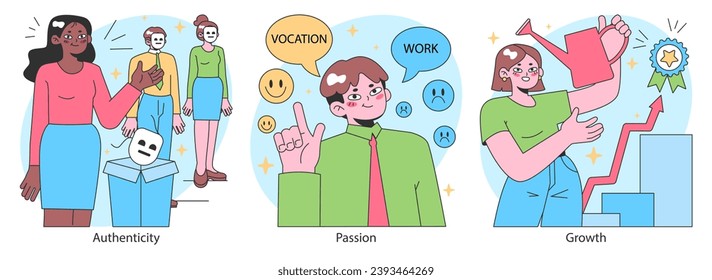 Finding your way in life set. Diverse character navigating personal development and career paths. Improvement and growth, resilience and self-awareness. Soft skills. Flat vector illustration.