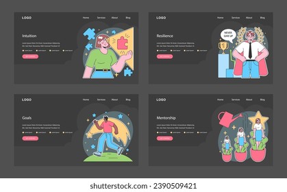 Finding your way in life web or landing dark or night set. Diverse character personal and career development. Improvement and growth, resilience and self-awareness. Soft skill. Flat vector