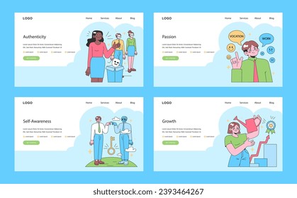Finding your way in life web or landing set. Diverse character personal development and career paths. Improvement and growth, resilience and self-awareness. Soft skills. Flat vector illustration.