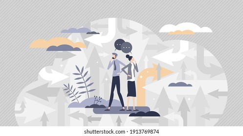 Finding your way as path direction arrows and confused couple tiny person concept. Different solutions to life questions vector illustration. Various opportunities in struggle problem situations.