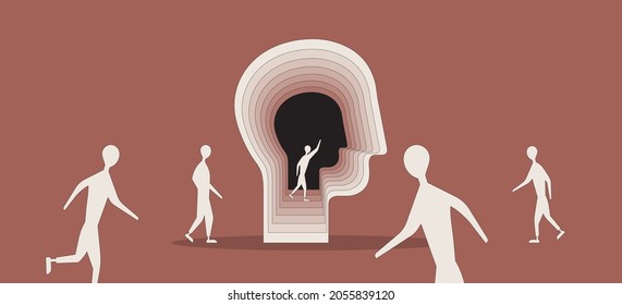 Finding yourself concept. State of mind, vector illustration of abstract human head with people inside and outside