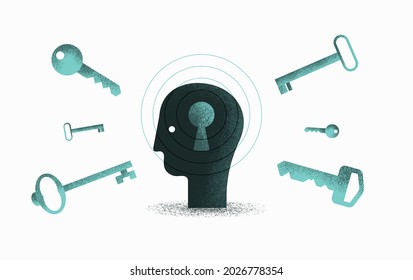 Finding Yourself. The Key To Mental Health. Human Head With Keyhole. Psychiatrist Concept. Vector Illustration With Grain, EPS 10