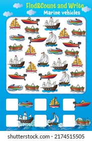 Find-say-write attention exercises for children. Various watercraft