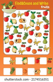 Find-say-write attention exercises for children. various fruits