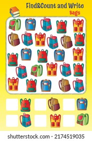 Find-say-write attention exercises for children. Various bags