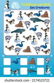 Find-say-write attention exercises for children. Various sea creatures