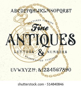  FINE ANTIQUES. Hand crafted old retro vintage typeface design. Original handmade textured lettering type alphabet on navy background. Authentic handwritten font, vector letters and numbers.