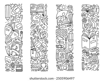 Fine Art and Culture doodle Set. Creative hobby outline isolated symbols bundle. Theater, music, pottery classes, reading, singing signs. Back to school concept. Linear hand drawn vector illustration.