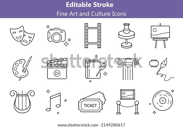 Fine Art and Culture Line Icons Set with Editable\
Stroke. Creative hobby outline isolated symbols bundle.\
Architecture, music, pottery classes signs. Theater tickets,\
gallery, drama and comedy\
symbols