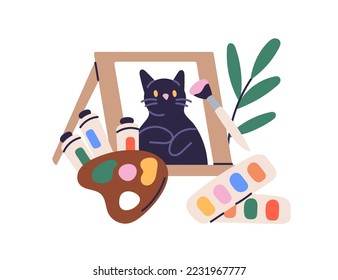 Fine art education concept. Drawing, picture of cat on paper, paints palette, brush, painting supplies, tools, accessories, stuff composition. Flat vector illustration isolated on white background