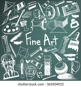 Fine art equipment and stationary handwriting doodle and tool model icon in blackboard background used for school or college education and document decoration with subject header text (by vector)