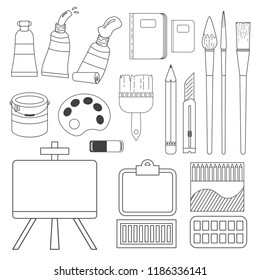 Fine Art Equipment And Stationary Icon Set Outline Stroke In White Background., Art Tools For Painting, Drawing, Sketching.vector ,illustration. Thin Line