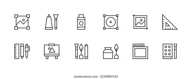 Fine art icon collection. Design icon set. Art, design tools, ruler, measure, brush, equipment and more. Editable stroke. Pixel Perfect. Grid base 32px.