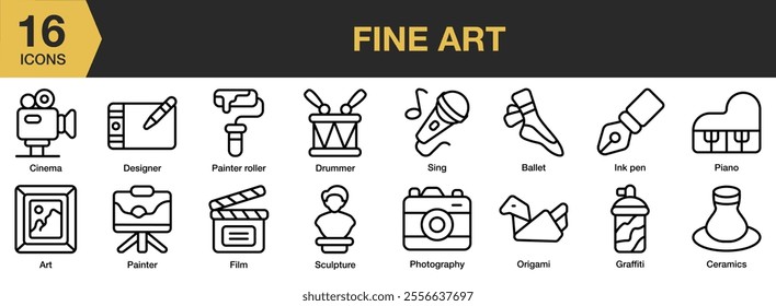 Fine Art icon set. Includes sing, ballet, ink pen, piano, origami, sculpture, graffiti, and More. Outline icons vector collection.