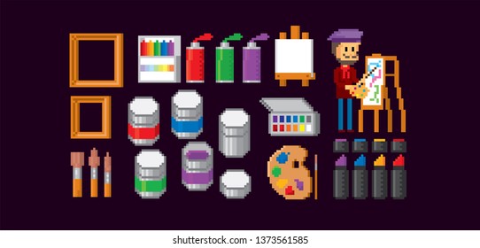 Fine art icons set. Pixel art. Old school computer graphic. Element design stickers, logo, mobile app, menu. 8 bit video game. Game assets 8-bit sprite. 16-bit.