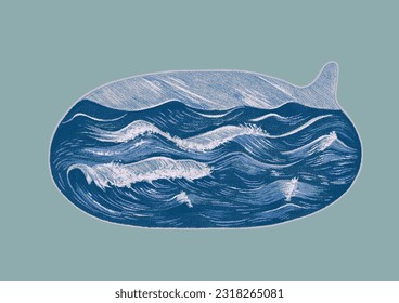 Fine art illustration of sea waves within a dialogue bubble symbol. Abstract symbolism for deep conversations, emotional expressions, embracing vulnerability, decluttering thoughts, stoic reminders 