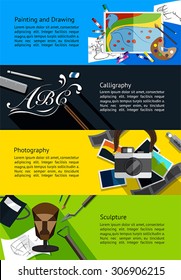 Fine art infographic banners about painting and drawing, calligraphy, photography, and sculpture template background layout design, create by vector