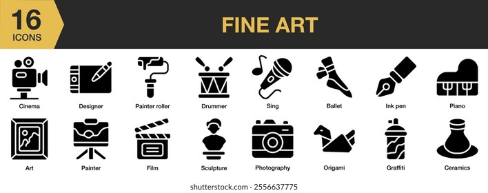 Fine Art solid icon set. Includes sing, ballet, ink pen, piano, origami, sculpture, graffiti, and More. Solid icons vector collection.