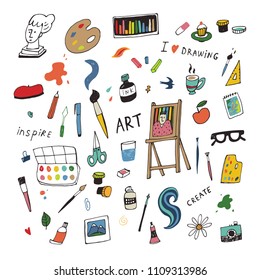 fine art stationary doodle and tool model icon vector illustrations set. 