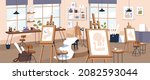 Fine art studio interior. Artists workshop with easels, canvas, pictures, paints and brushes. Panorama of creative class. Painters room with tools and supplies. Flat vector illustration of workroom