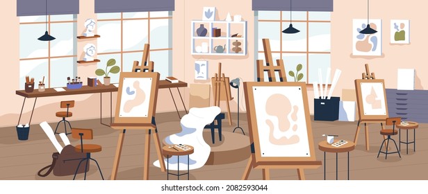 Fine art studio interior. Artists workshop with easels, canvas, pictures, paints and brushes. Panorama of creative class. Painters room with tools and supplies. Flat vector illustration of workroom