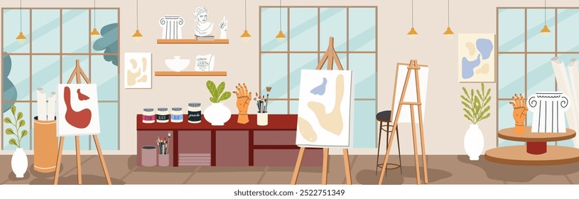 Interior de estudio de bellas artes. Taller de Artistas con caballetes, lienzos, cuadros, pinturas y pinceles. Panorama de clase creativa. Sala de pintores con herramientas y suministros. Ilustración vectorial plana de la sala de trabajo

