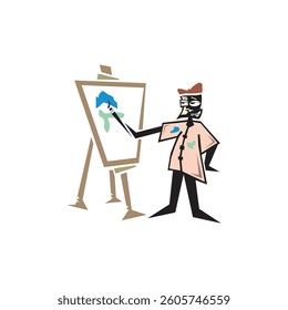 Fine arts Cartoon man holding palette, ezle, painting, beret, smiling face