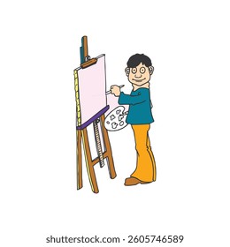 Fine arts Cartoon man holding palette, ezle, painting, beret, smiling face