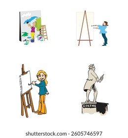 Fine arts Cartoon man holding palette, ezle, painting, beret, smiling face