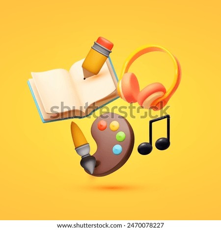 Fine arts concept. 3D cartoon icons of painting, literature and music