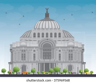 The Fine Arts Palace/Palacio de Bellas Artes in Mexico City, Mexico. Vector illustration. Business Travel and Tourism Concept with Historic Building. Image for Presentation Banner Placard and Web Site