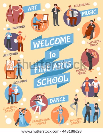 Fine arts school poster with  art and dance symbols flat vector illustration