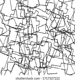 Fine, black brush lines random overlap, creating linear, monochrome, modern abstract pattern