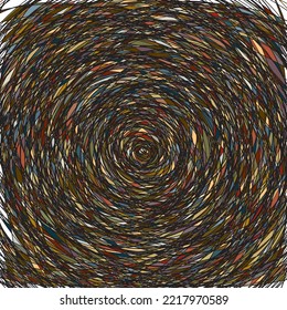 Fine black circular lines random moved, overlapping, creating dark, multi color modern pattern