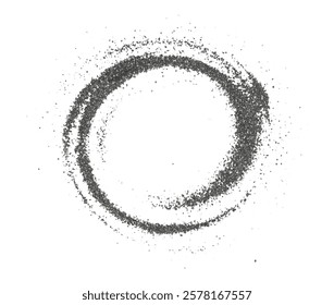 Fine black coal dust and granules arranged in an organic scatter pattern. Powder circle with 3-D effect with textural accents and fine particles on a clean background. PNG	
