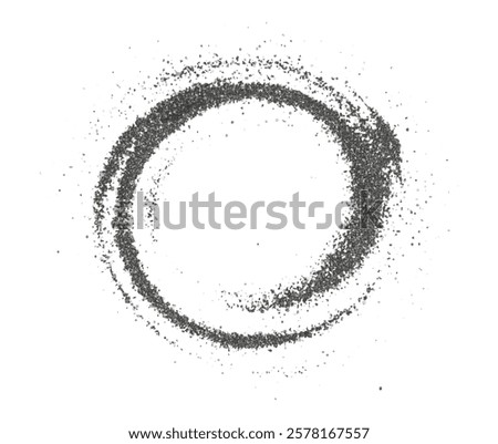 Fine black coal dust and granules arranged in an organic scatter pattern. Powder circle with 3-D effect with textural accents and fine particles on a clean background. PNG	
