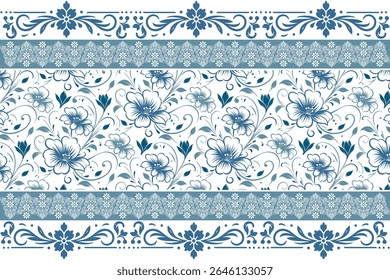 fine blue border floral design with linear blossoms and clean modern botanical sketch work for women wear

