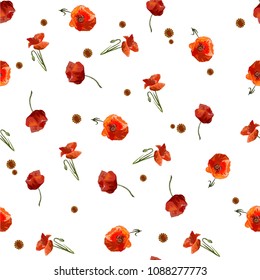 Fine bright seamless floral pattern with garden red poppies. Botanical motifs are scattered randomly on a white background. Vector for fashion prints, textiles, wallpapers, tile, wrapping paper