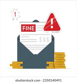 Fine by mail, vector icon. Punishment document in envelope. Vector symbol of fine or penalty. paper sheet with fine flat vector illustration. paying traffic bill, municipal tax or parking fee. 2343