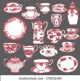 Fine China - Set of hand drawn porcelain teacups and saucers, teapots, plates, creamers etc, in pink and red Toile de Jouy pattern