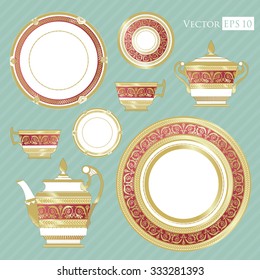 Fine China - Set Of Porcelain. Services. Teapots, Cups, Sugar Bowls, Saucers And Plates.